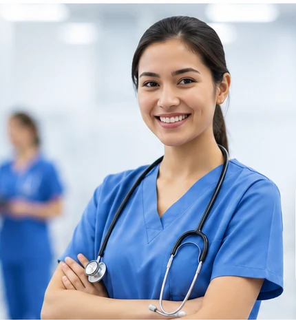 Smiling nurse in blue scrubs representing global nursing career support